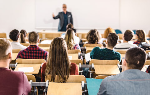 Rear view of large group of students on a class at lecture hall.